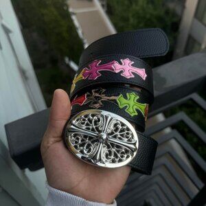 Black belt with chrome buckle and multicolored crosses